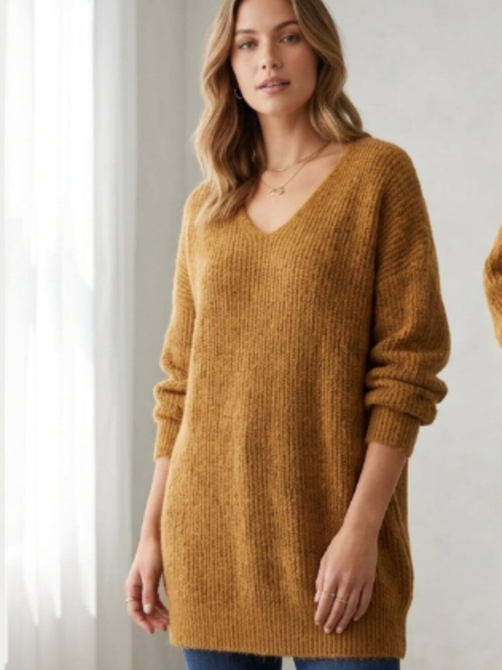 Dreamers by Debut Knit V-Neck Sweater Small Oversized Moss Green Gold Tunic